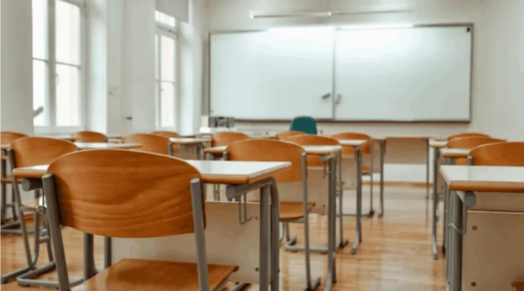 Порожня класна кімната з партами та дошкою