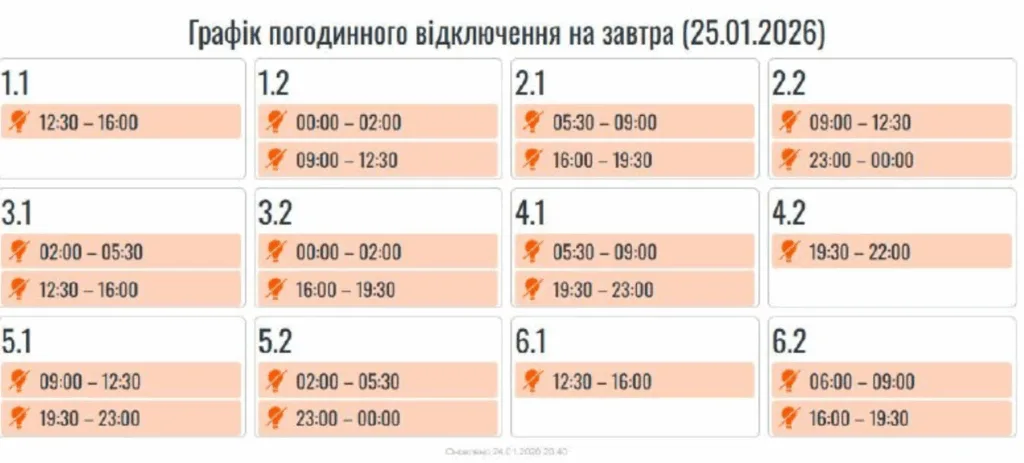 Графік погодинного відключення електроенергії 25 січня 2026