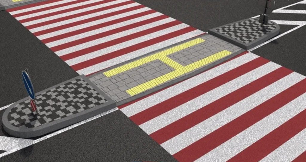 Пішохідний перехід із червоними смугами та острівцем безпеки