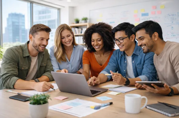 Команда колег працює над проєктом у офісі