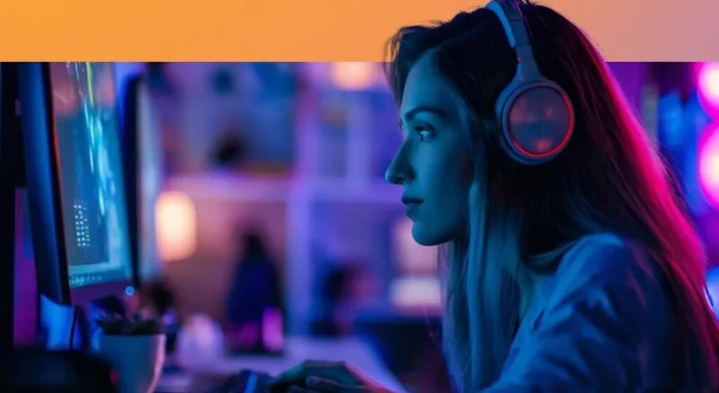 Жінка програмує на комп'ютері в навушниках