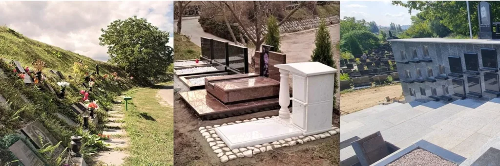 Сучасні надгробки та колумбарії на кладовищі