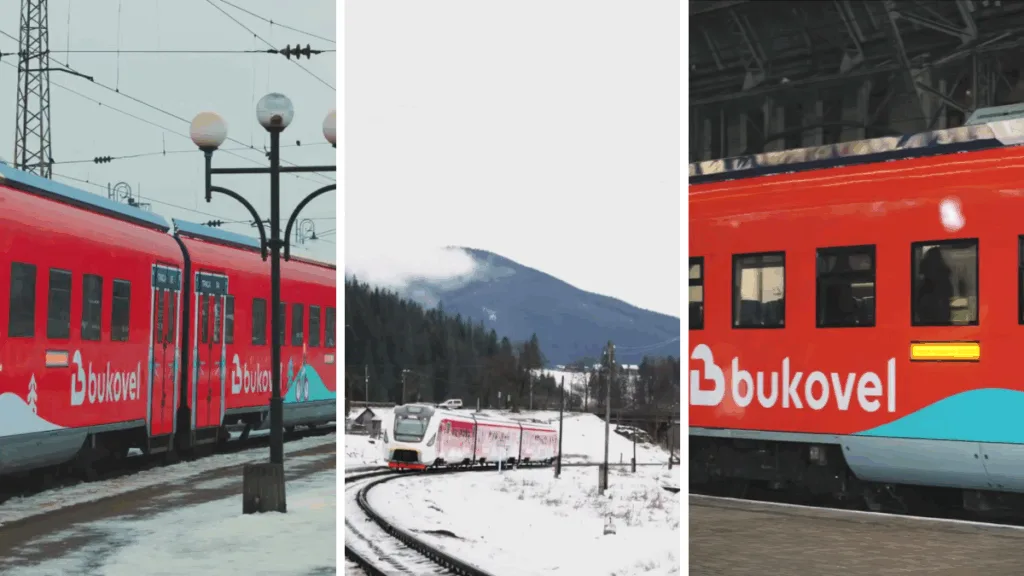 Червоний поїзд Bukovel у засніжених Карпатах