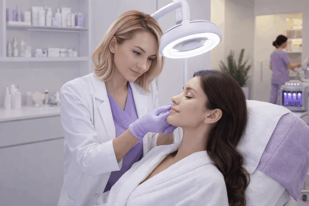Косметолог проводить процедуру догляду за обличчям