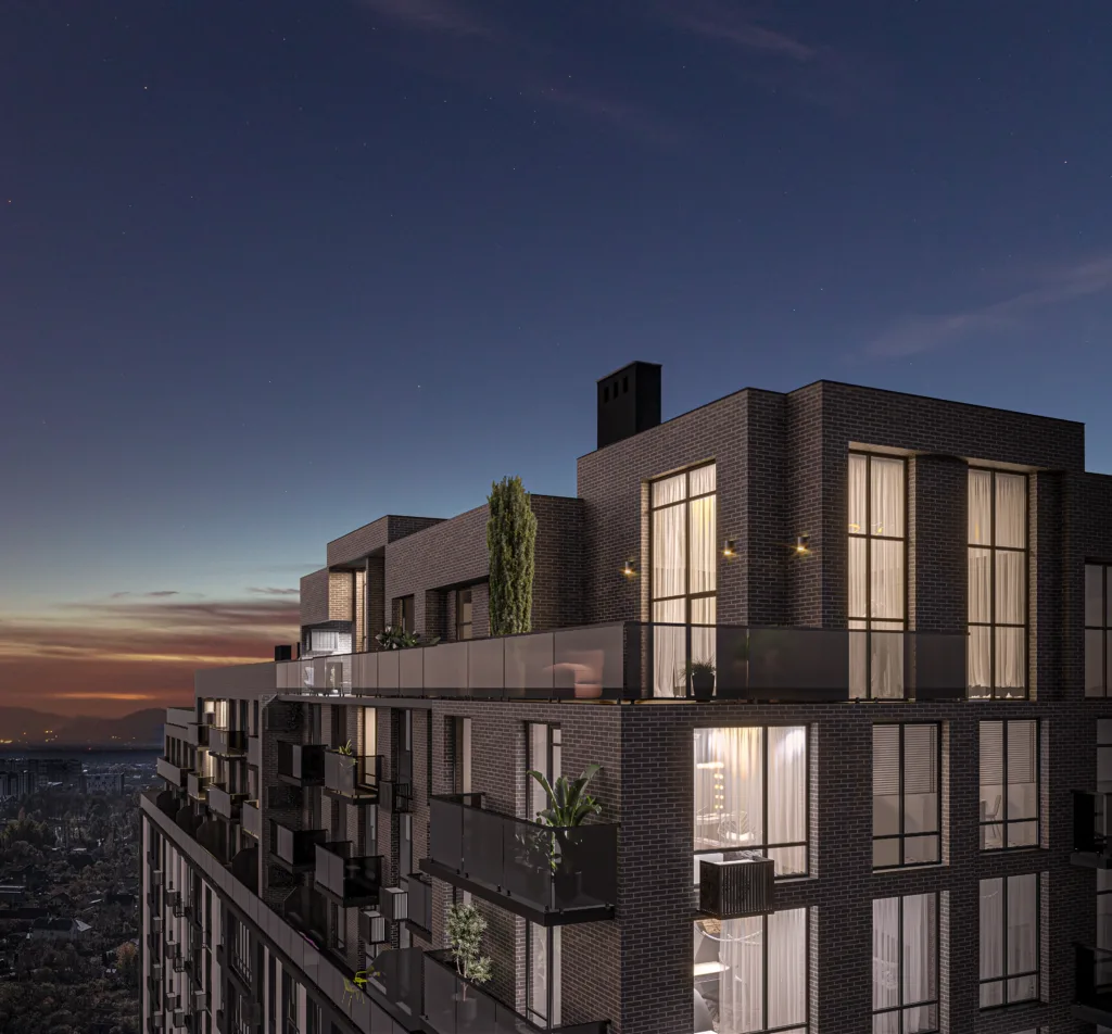 Сучасний житловий будинок увечері з терасами