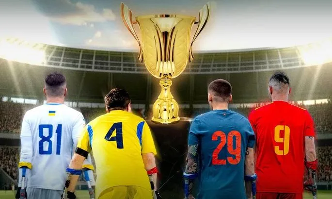 Футболісти перед великим золотим трофеєм на стадіоні