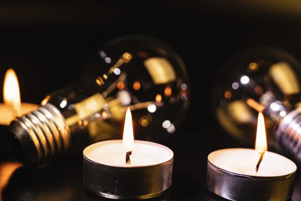 Запалені свічки поруч із лампочками