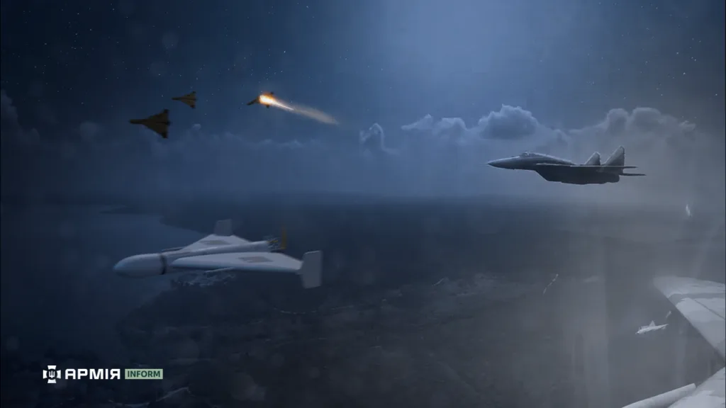 Бойові літаки у нічному небі над землею
