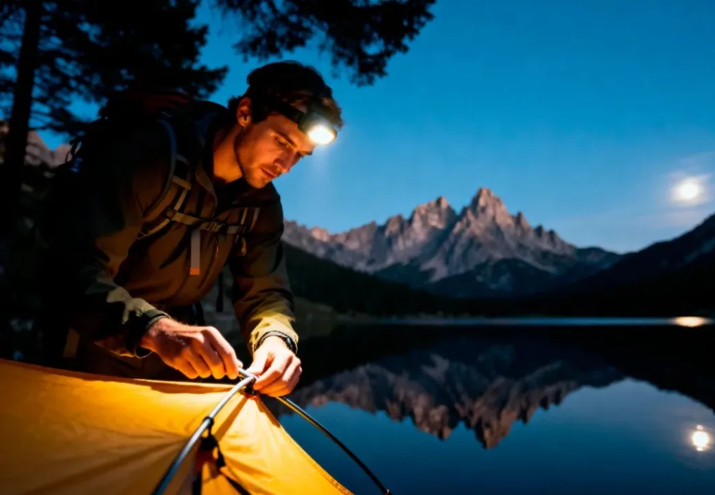 Турист встановлює намет біля гірського озера