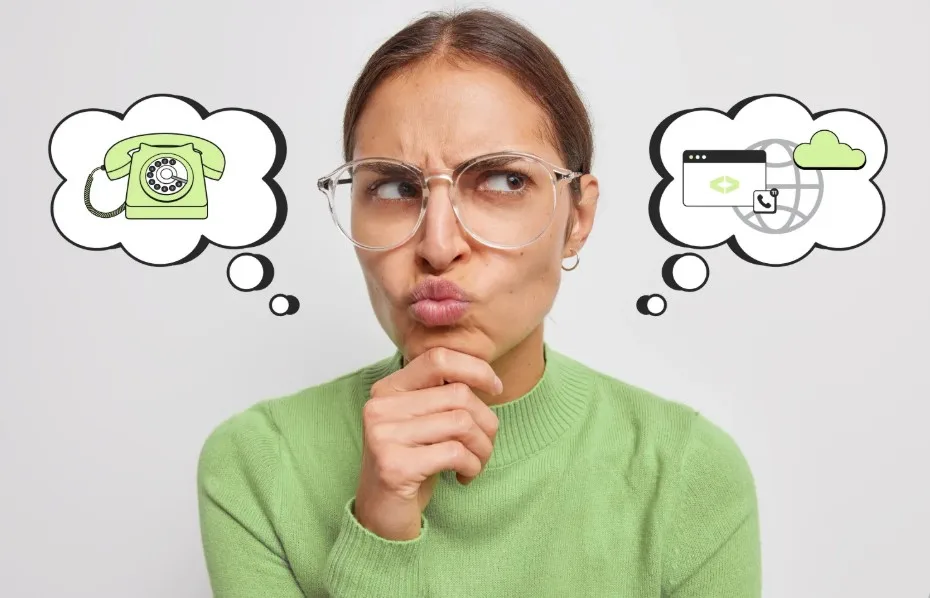 Жінка думає між старим телефоном і технологіями