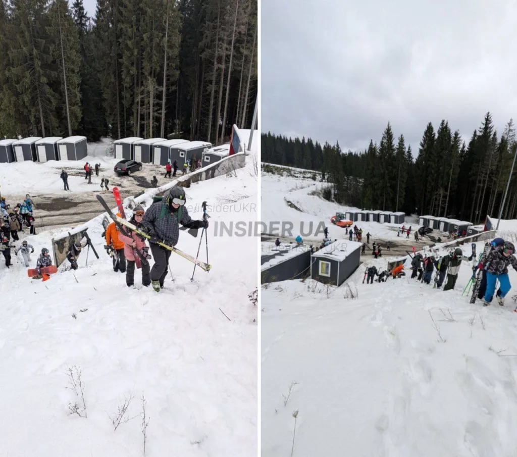 Лижники піднімаються схилом у зимовому гірському таборі