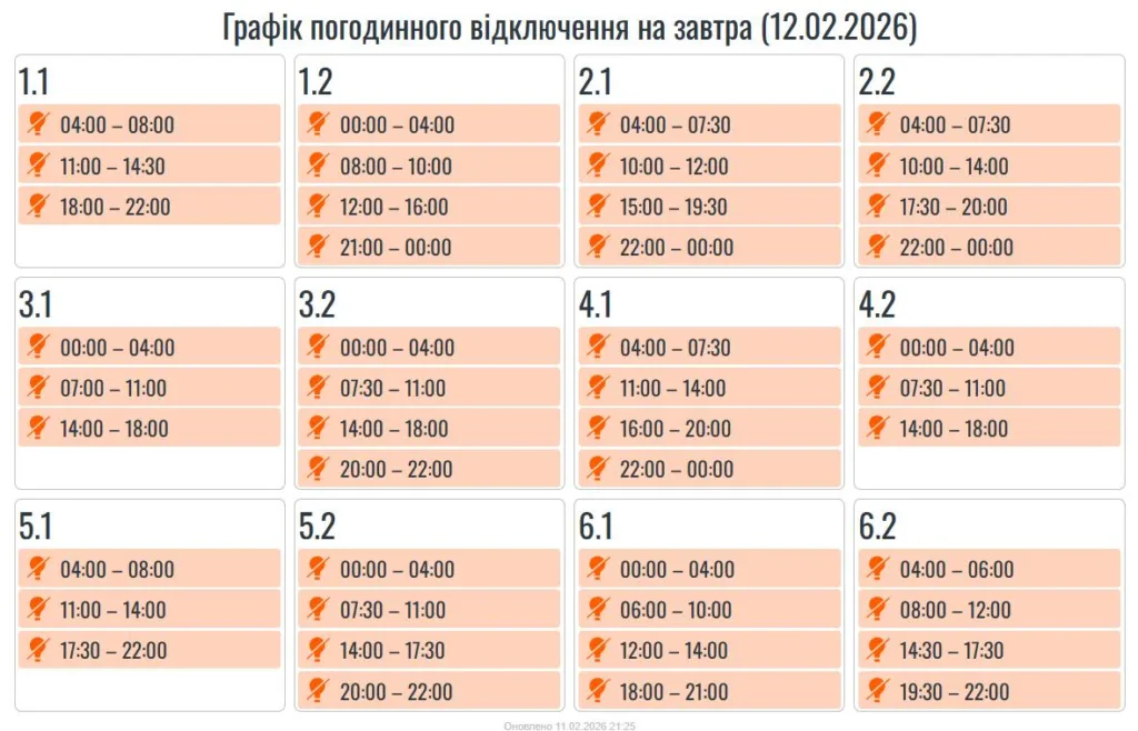 Графік погодинних відключень електроенергії на 12 лютого 2026
