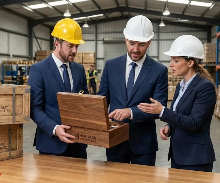 Інженери обговорюють дерев'яний виріб у виробничому цеху
