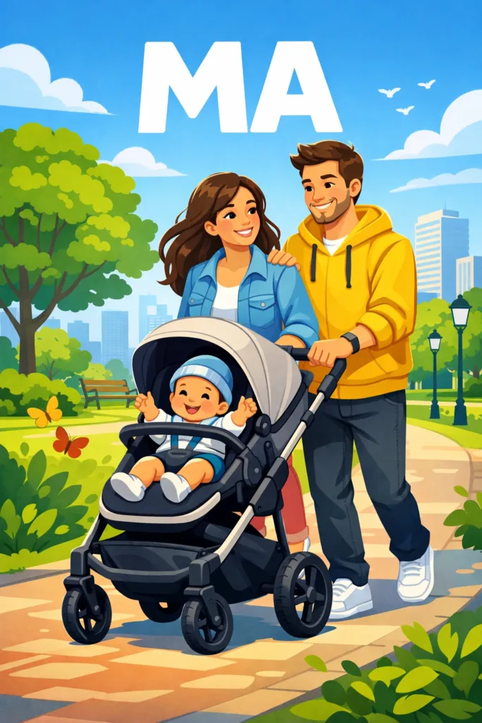 Сім'я гуляє парком із дитячим візком