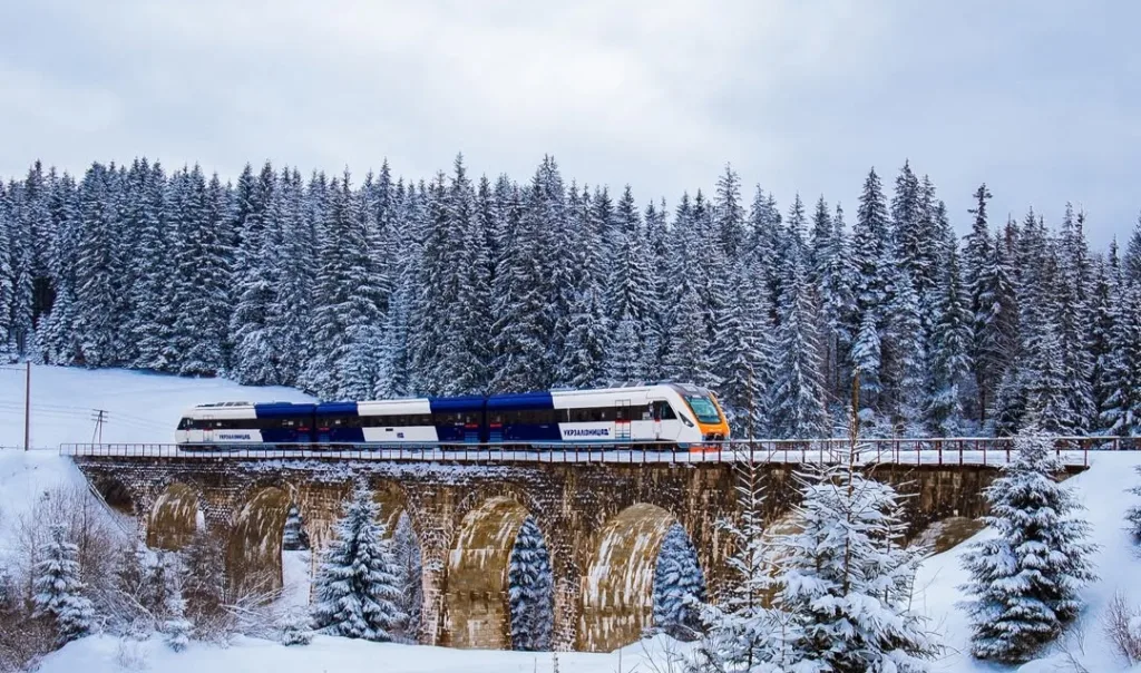Потяг на мосту серед зимових Карпат