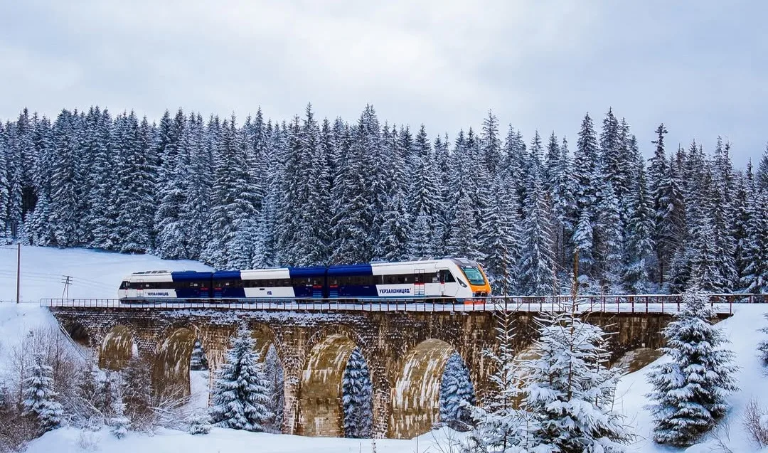 Потяг на мосту серед зимових Карпат