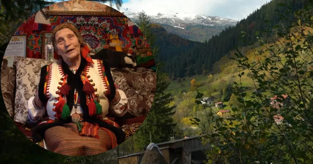 Гуцулка в традиційному одязі на тлі Карпат