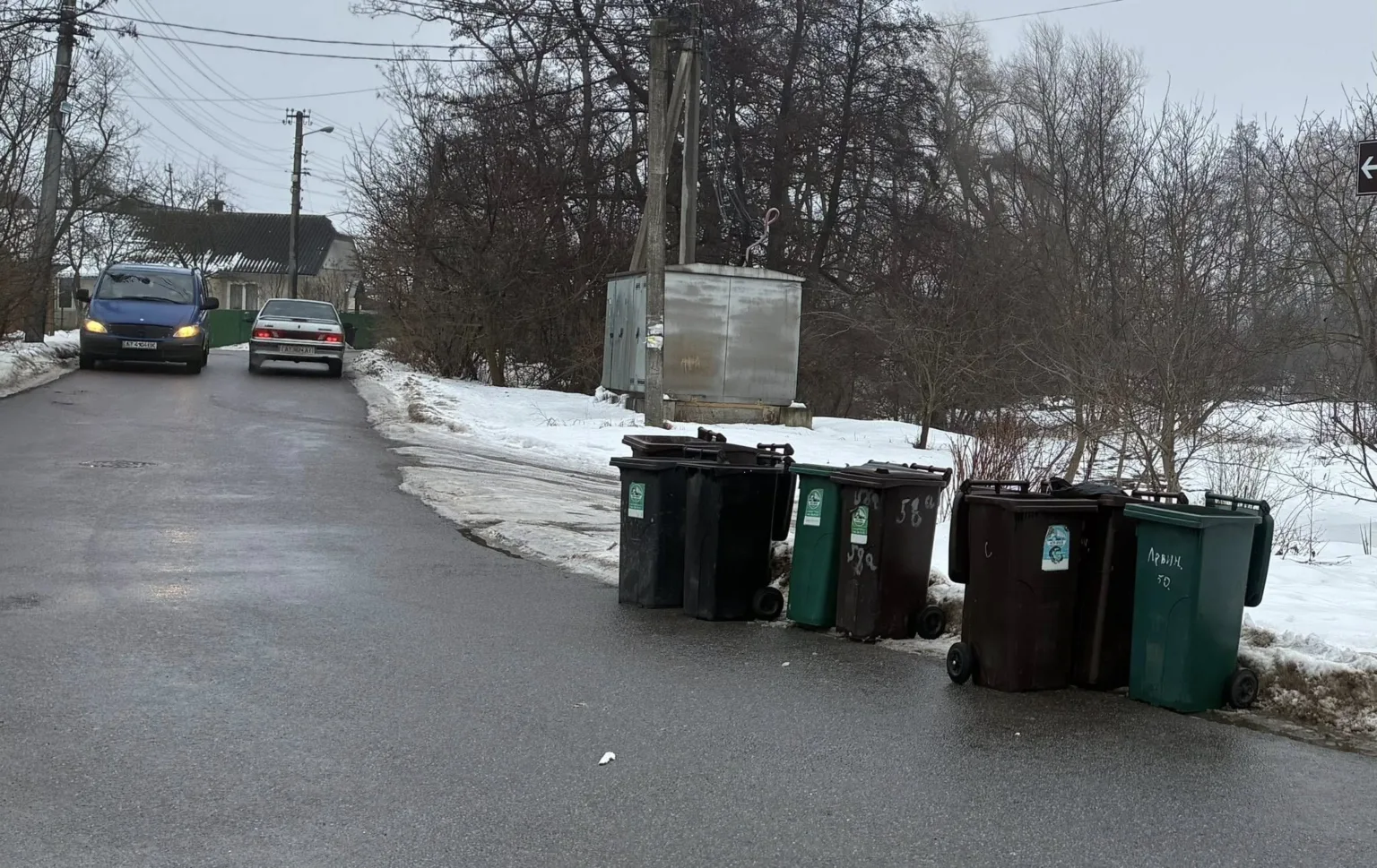 Сміттєві баки біля зимової дороги в селі