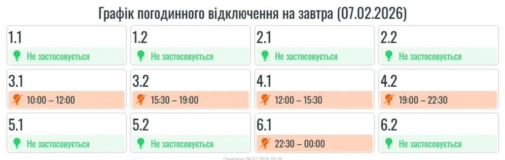 Графік погодинного відключення електроенергії на 07.02.2026