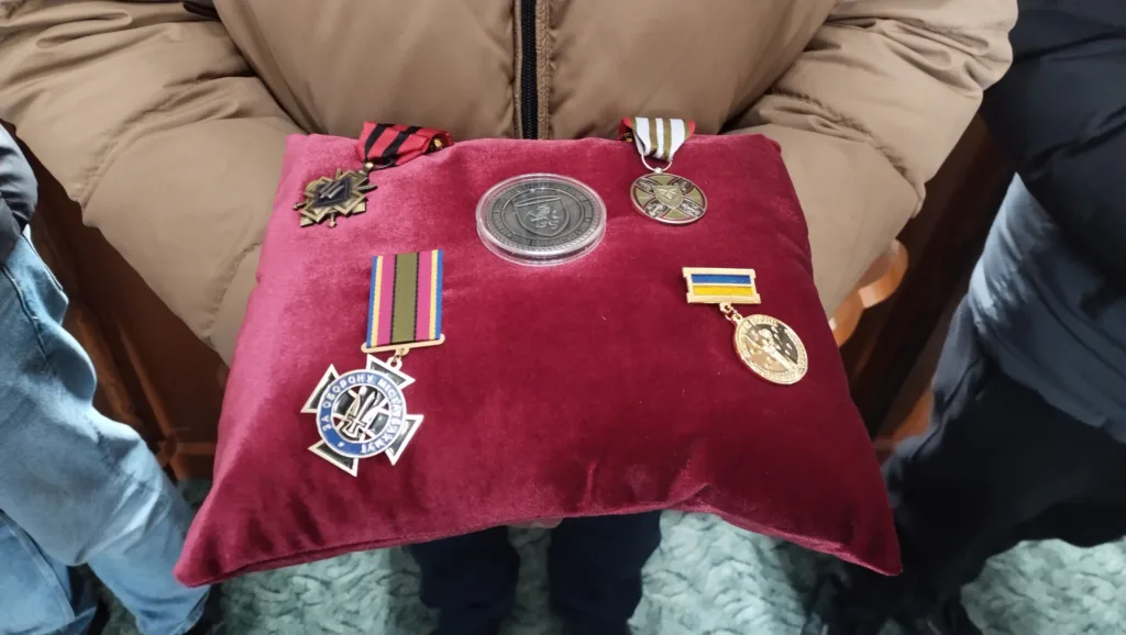 Військові медалі на червоній подушці