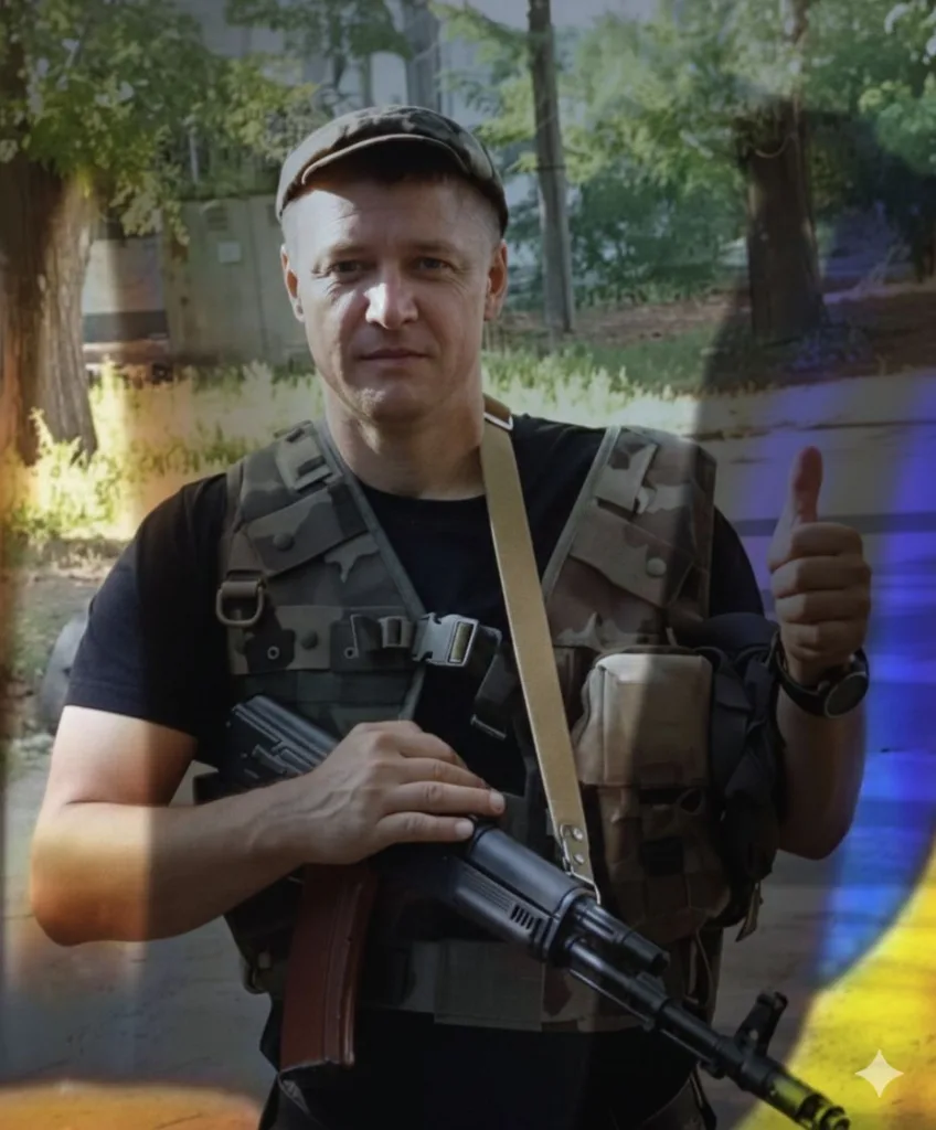 Український військовий із зброєю показує жест підтримки