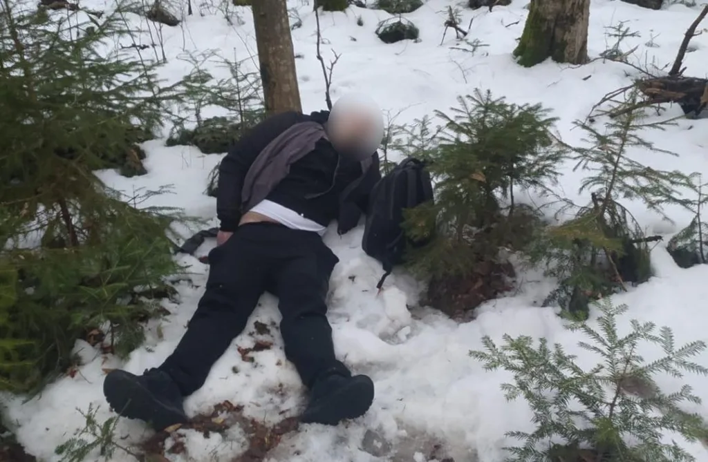 Людина лежить у сніжному лісі поруч із рюкзаком