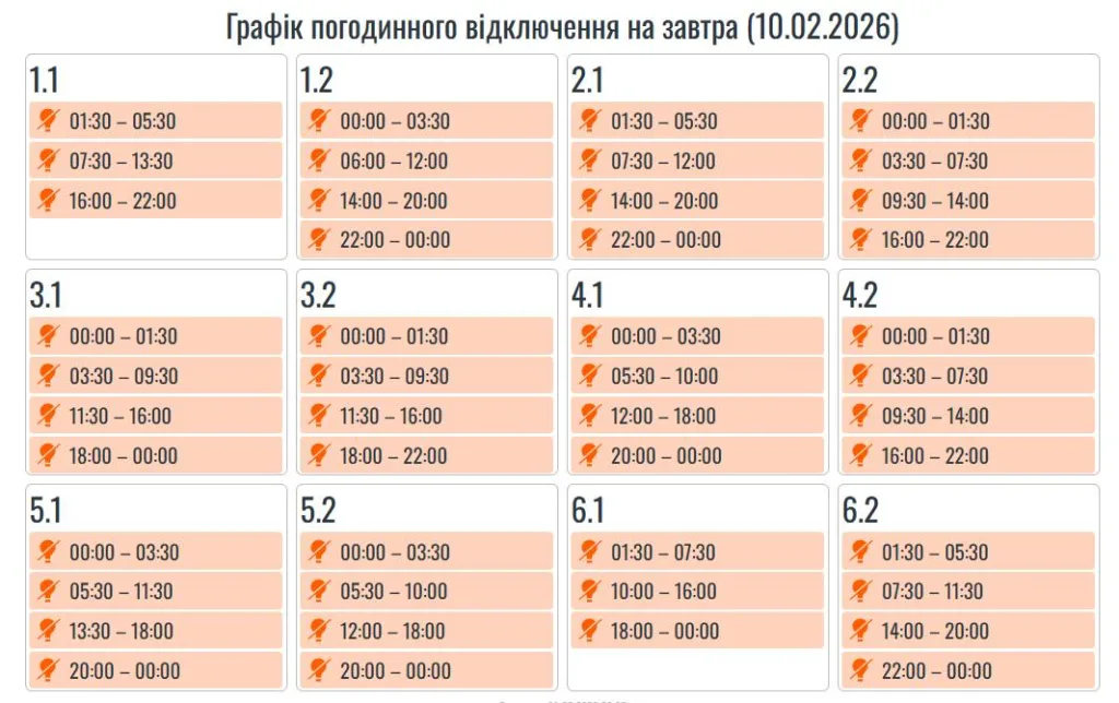 Графік погодинного відключення електроенергії 10 лютого 2026
