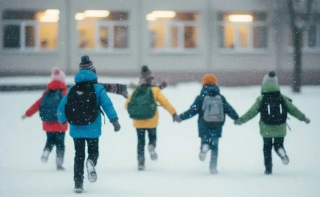Діти біжать по снігу до школи