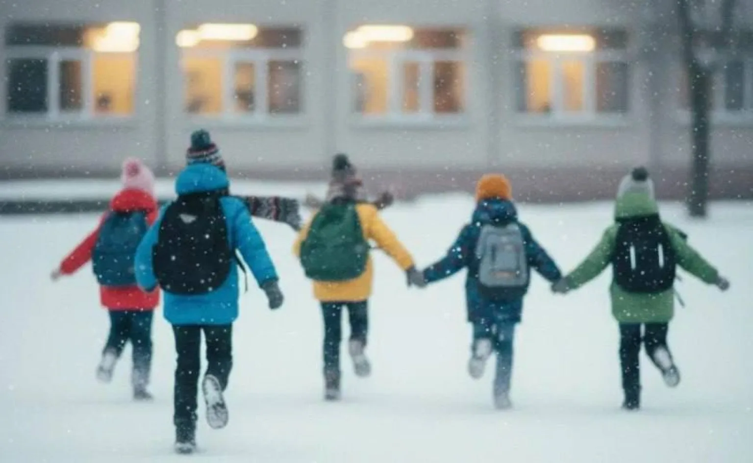 Діти біжать по снігу до школи