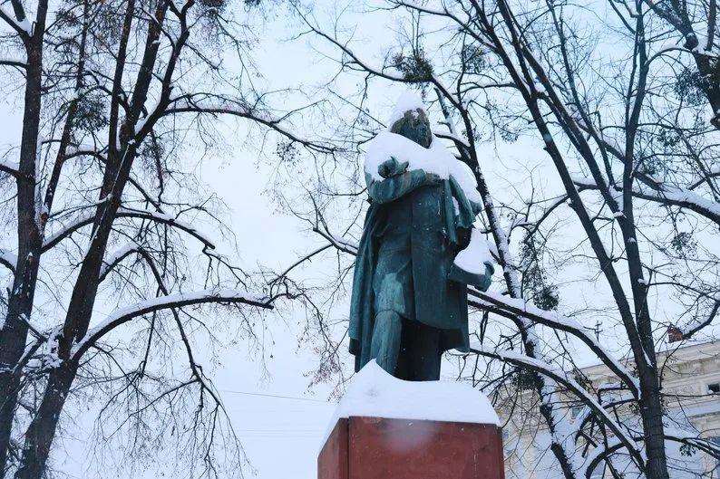 Пам'ятник у снігу серед зимових дерев