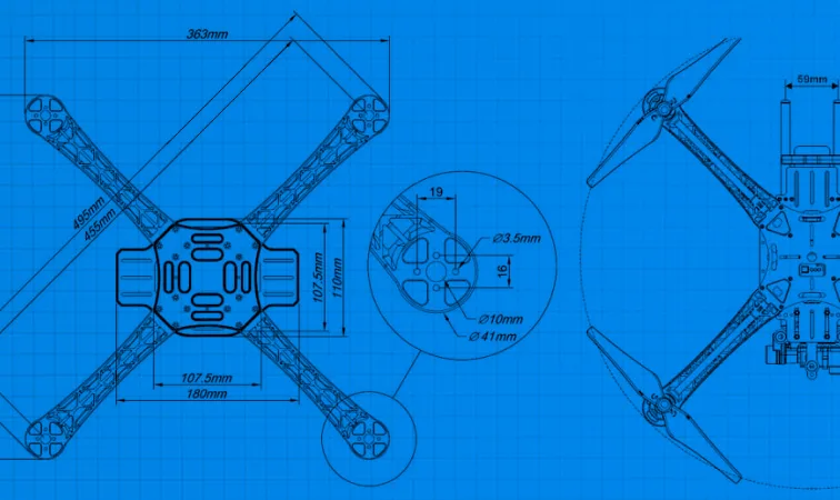 Технічний кресленик квадрокоптера з розмірами