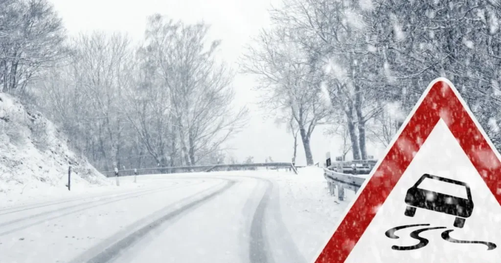 Засніжена дорога та знак слизької поверхні