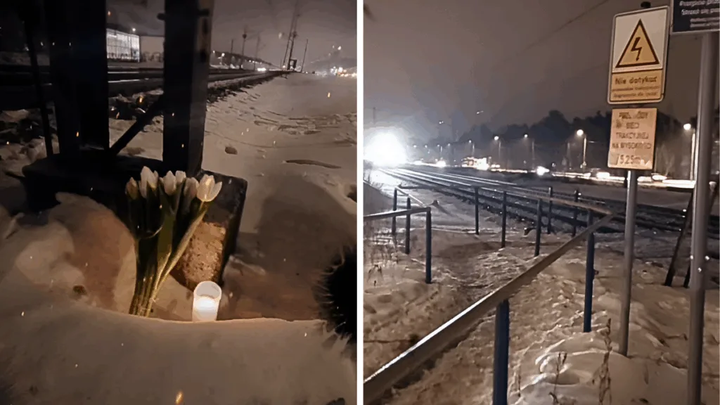 Квіти та свічка біля залізничних колій узимку