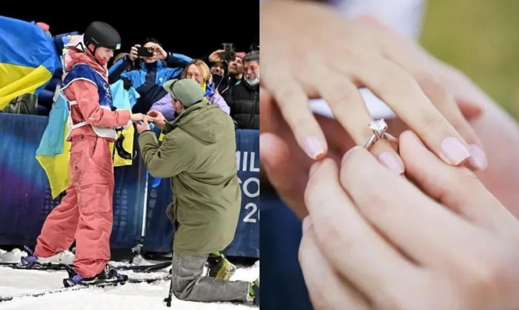 Пропозиція одруження на снігу та обручка на пальці