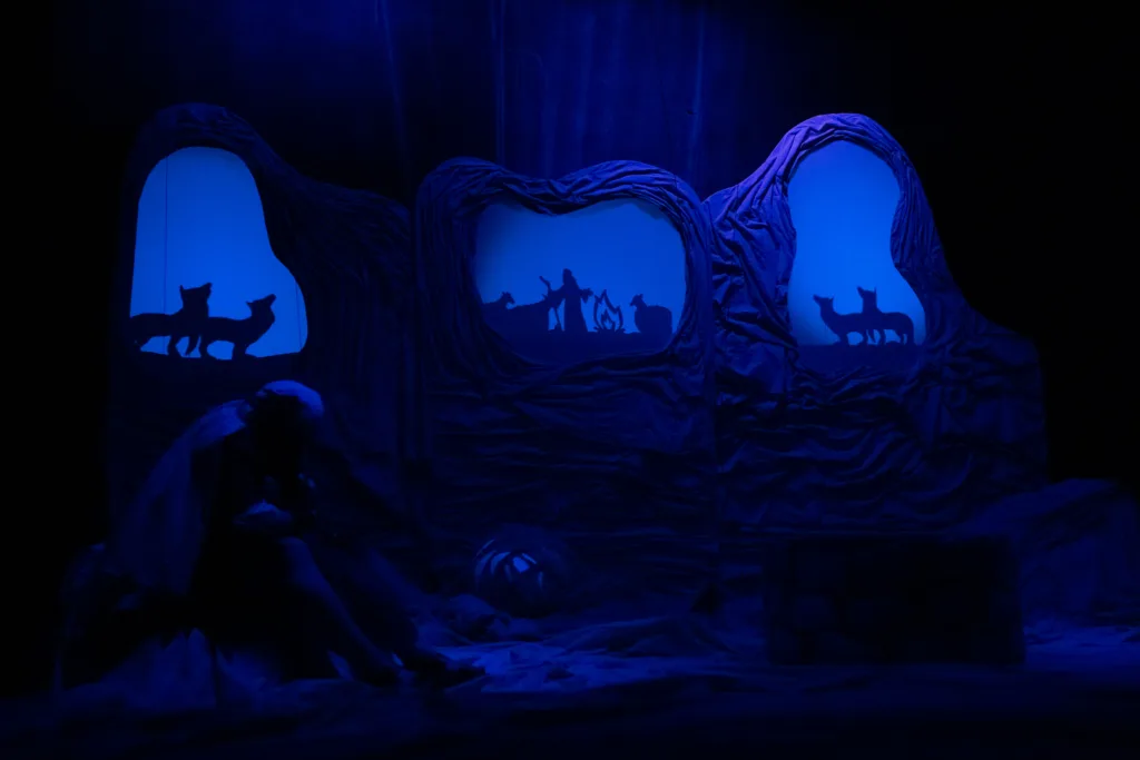 Театральна сцена з силуетами тварин і людини