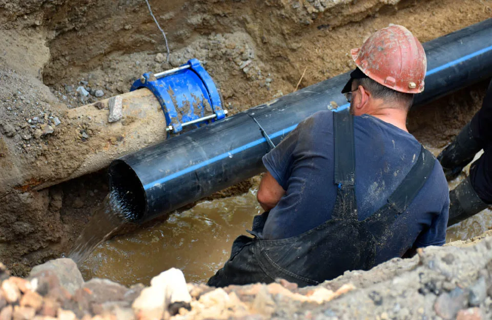 Ремонт водопровідної труби робітниками на будівництві