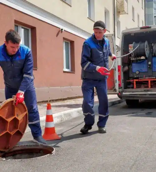 Робітники очищують каналізаційний люк на вулиці