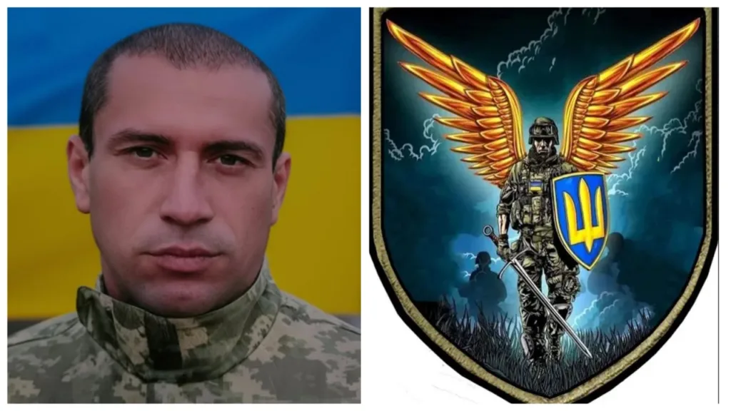 Український військовий та герб із золотими крилами