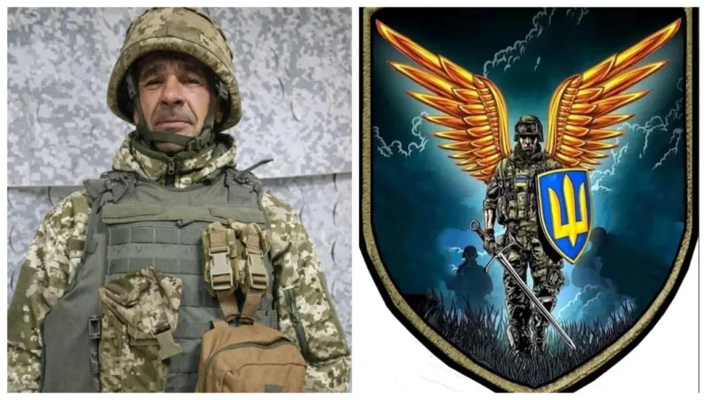 Український військовий та емблема з тризубом