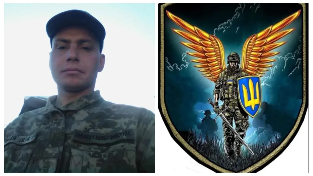 Український військовий та герб із крилатим солдатом