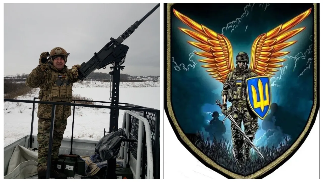 Український військовий та емблема з героєм-захисником