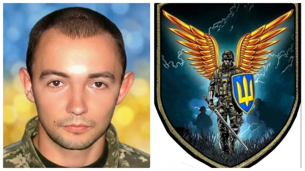 Український військовий та герб із крилатим воїном