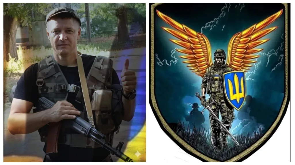 Український військовий та емблема з воїном і тризубом