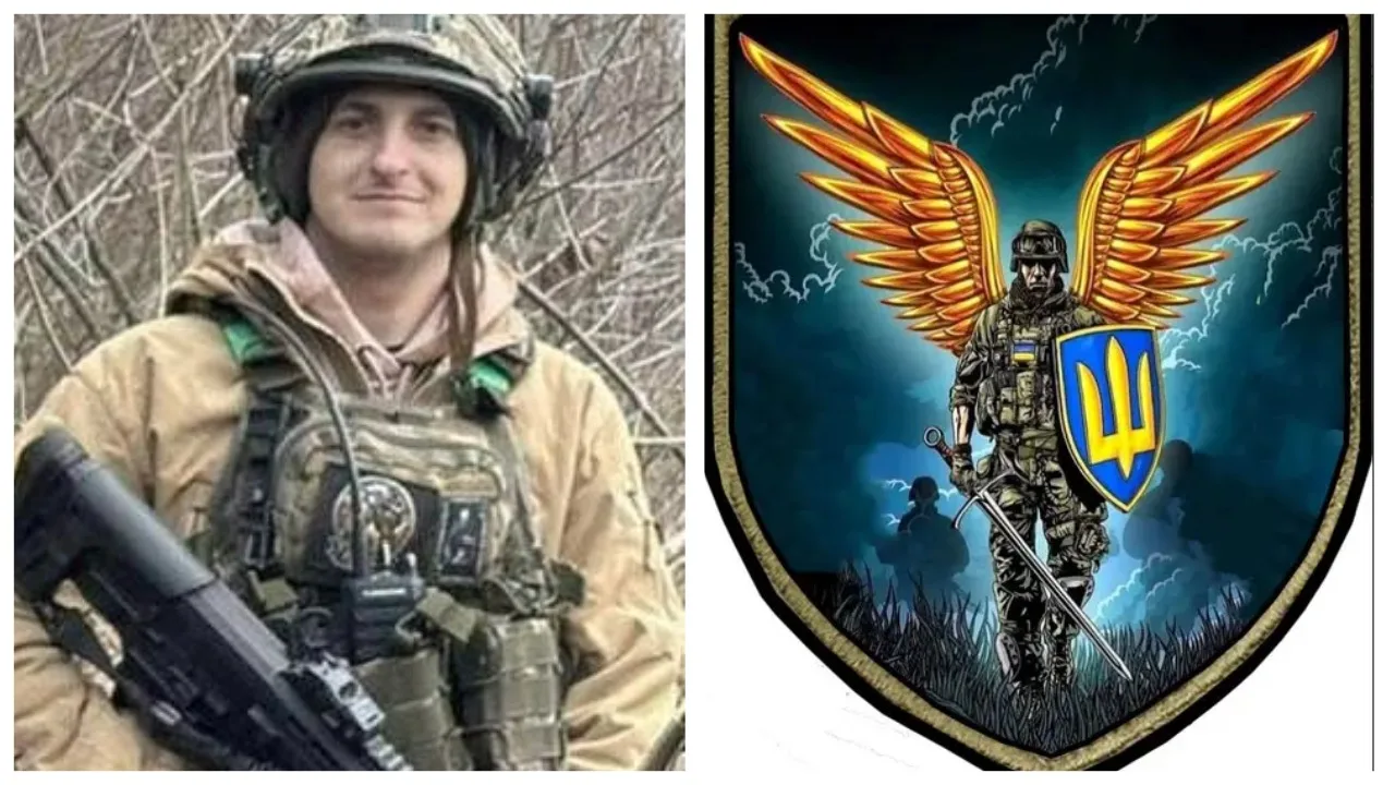 Український військовий та емблема з крилатим воїном