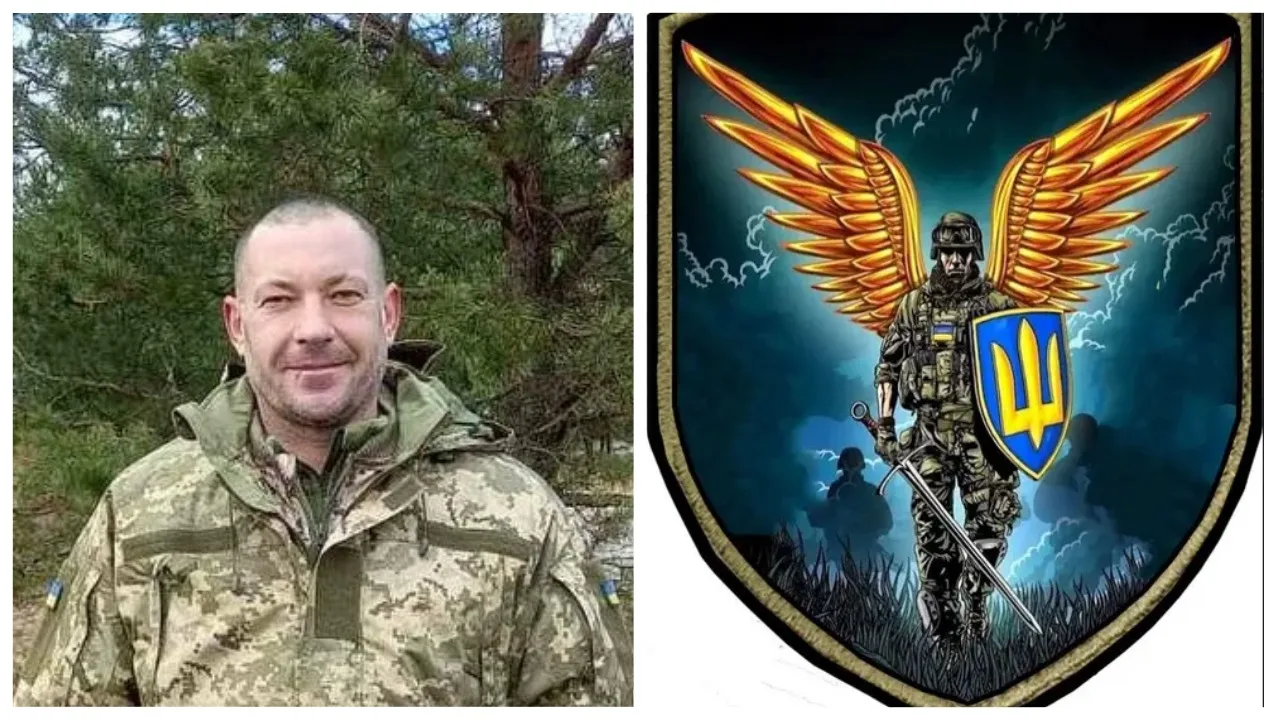 Український військовий та емблема з воїном і тризубом