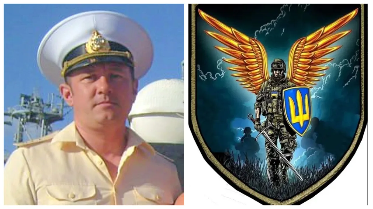 Український військовий та герб із крилатим воїном