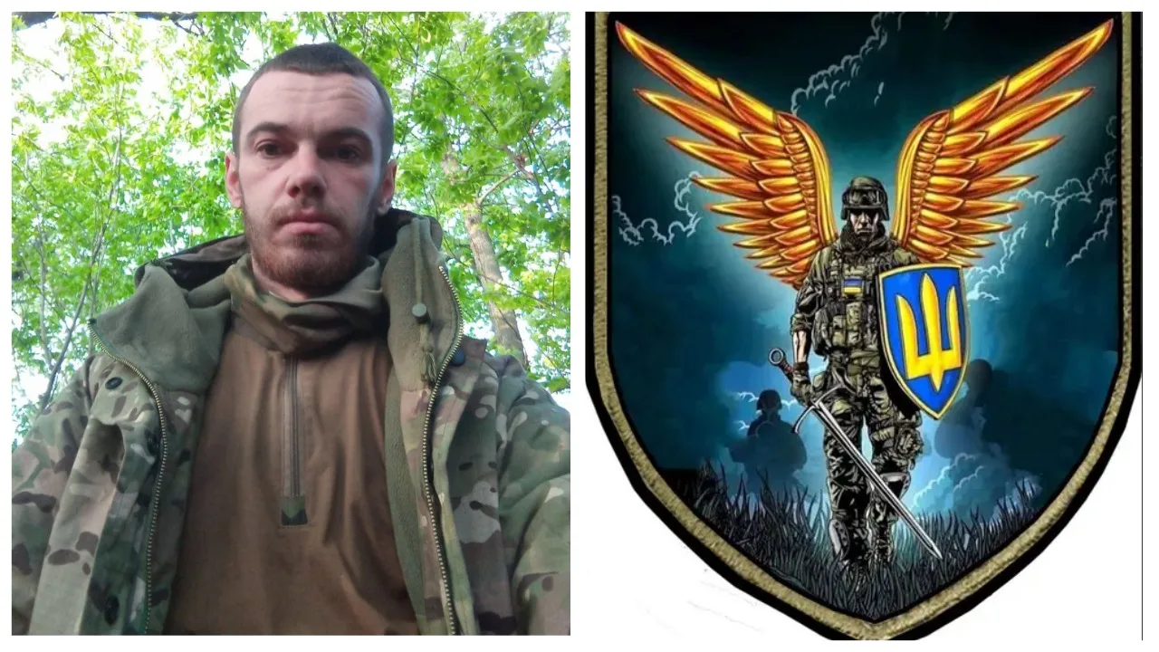 Український військовий та герб з ангелом-захисником