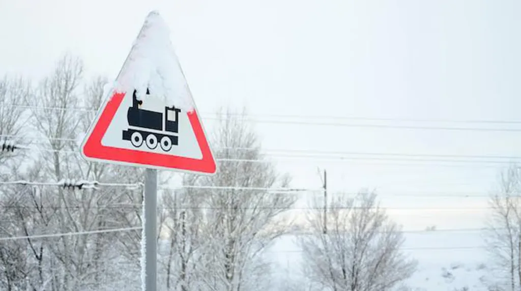 Знак залізничного переїзду взимку під снігом