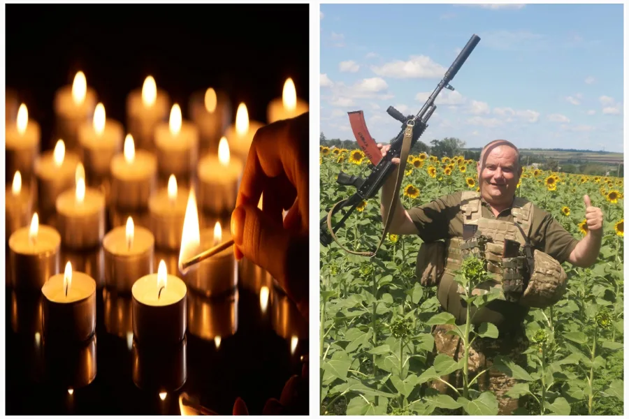 Свічки пам’яті та український військовий у полі соняхів