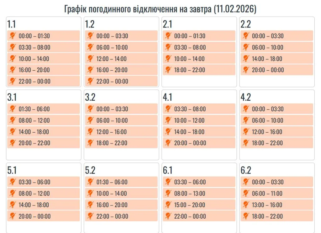 Графік погодинного відключення електроенергії 11 лютого 2026